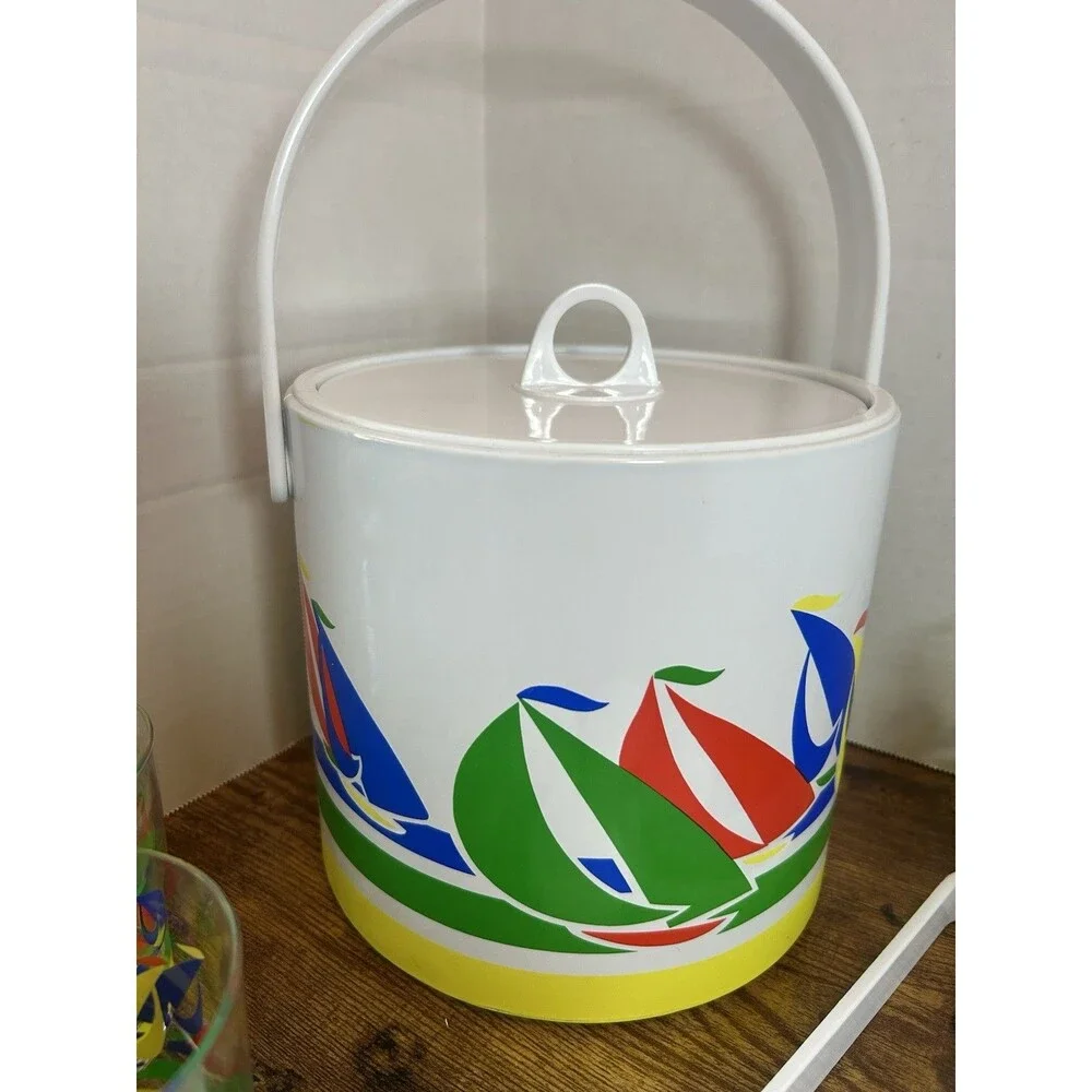 Vintage Sailboat Ice Bucket Set 4 Tumblers Coasters Tongs Primary Colors Taiwan